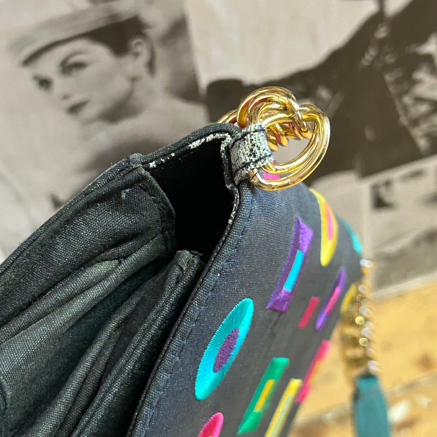 1980’s J.Renee Rainbow Leather & Embroidered Raw Silk Crossbody Bag
