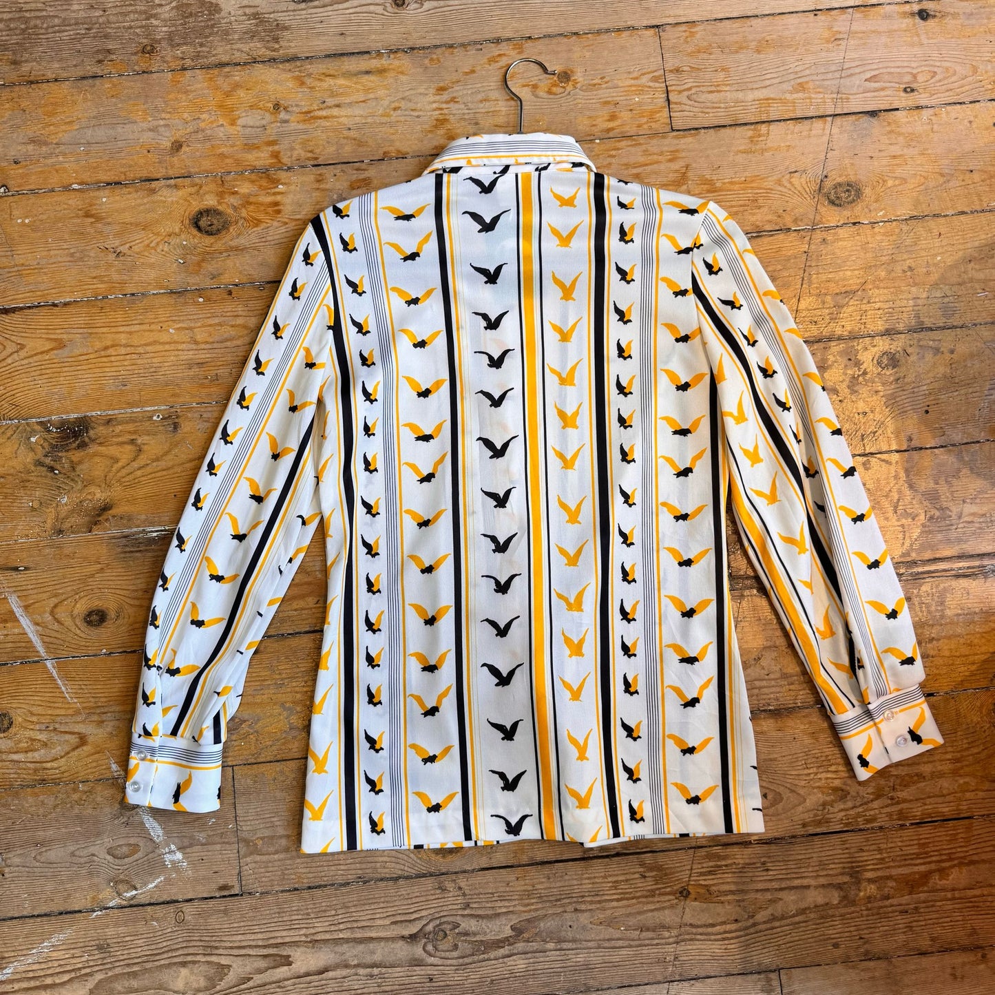 1970’s Yellow & Black Bird Print Blouse UK 12