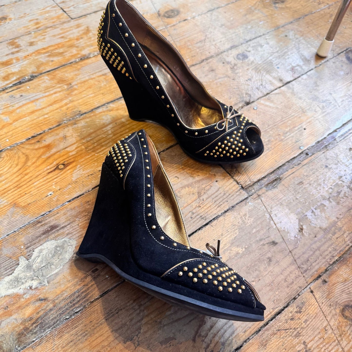 Miu Miu Black and Gold studded wedges UK 6