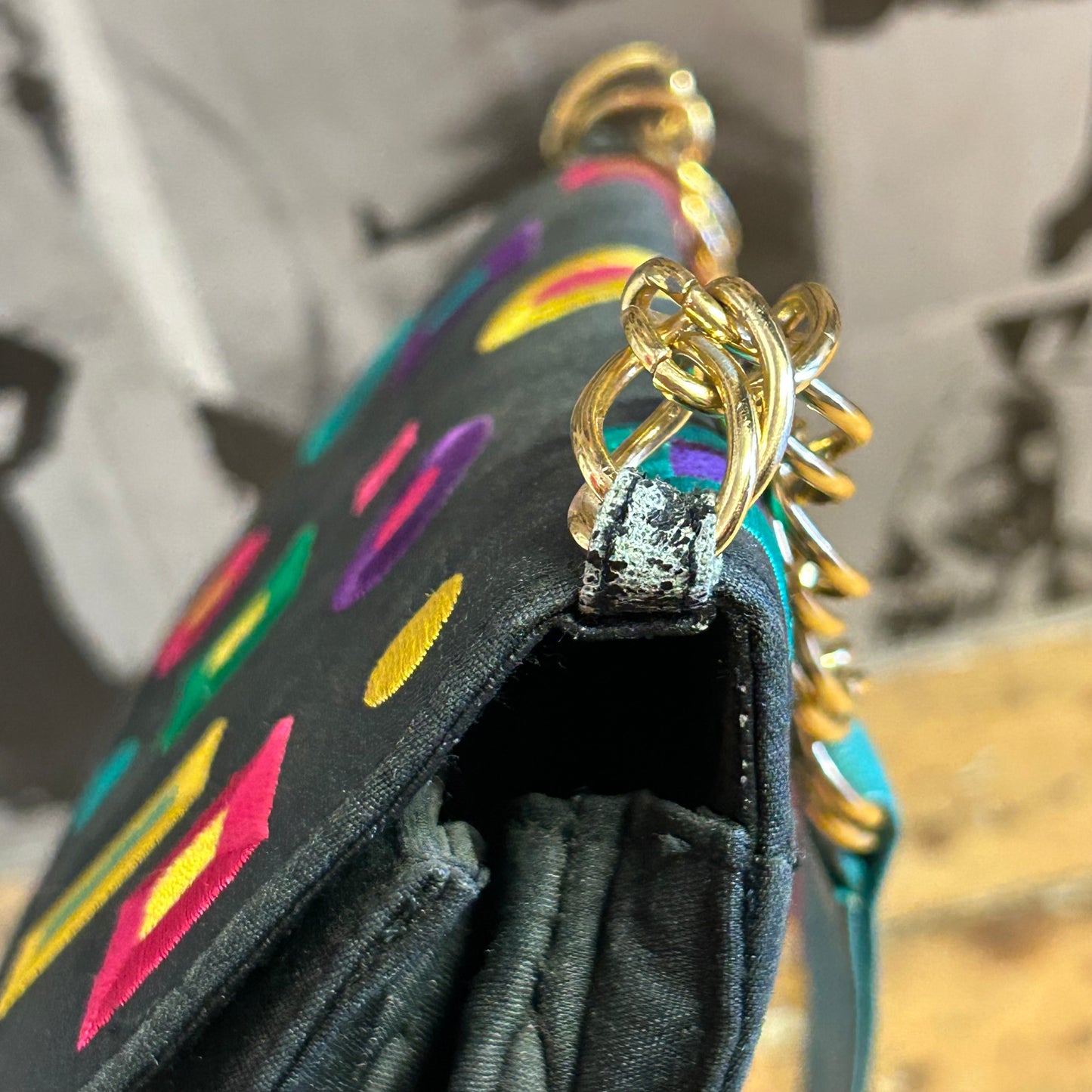 1980’s J.Renee Rainbow Leather & Embroidered Raw Silk Crossbody Bag