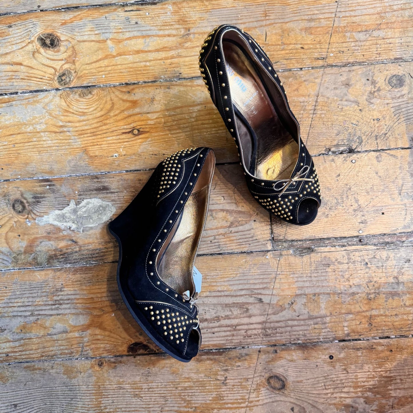 Miu Miu Black and Gold studded wedges UK 6