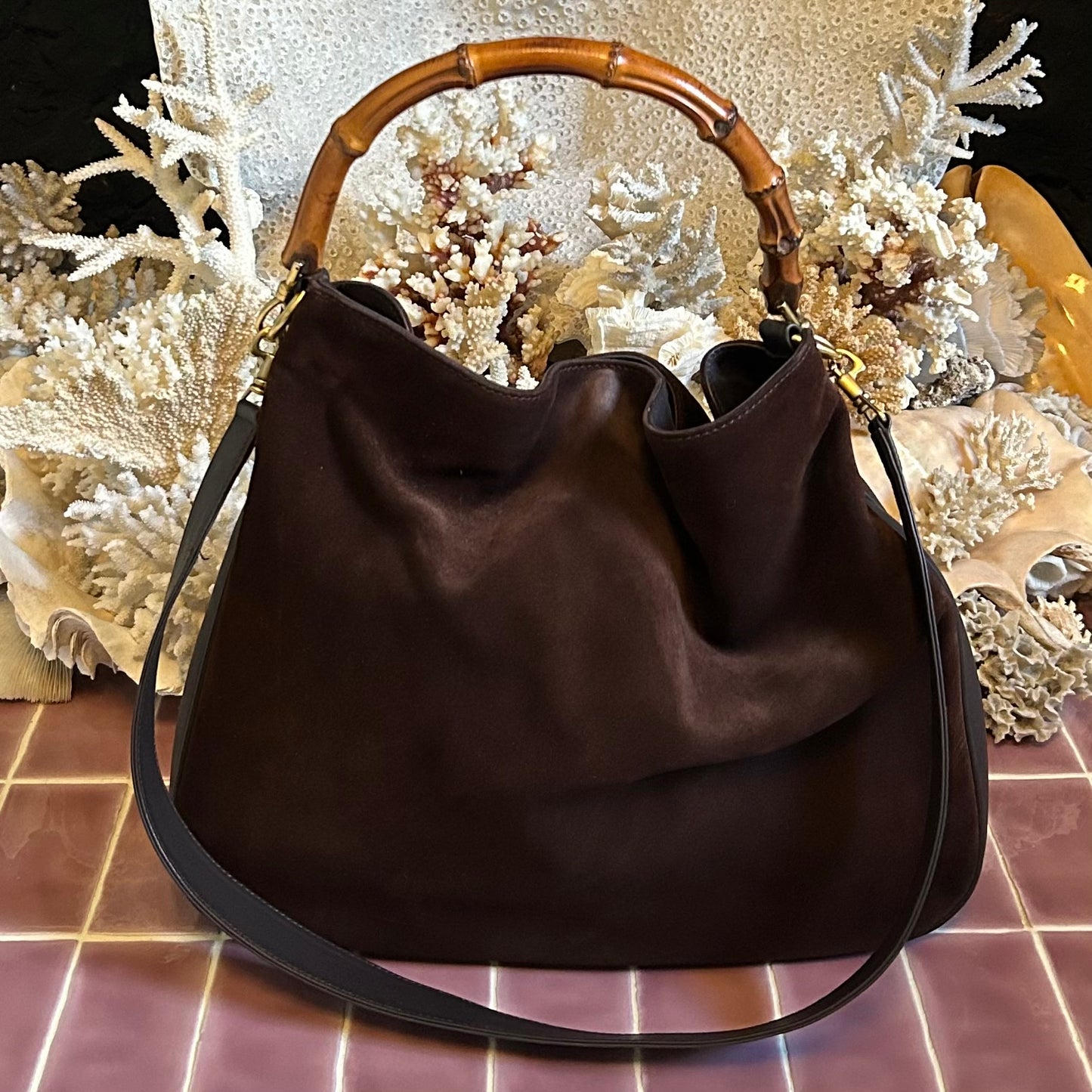 Vintage Gucci Bamboo Chocolate Suede Hobo Bag