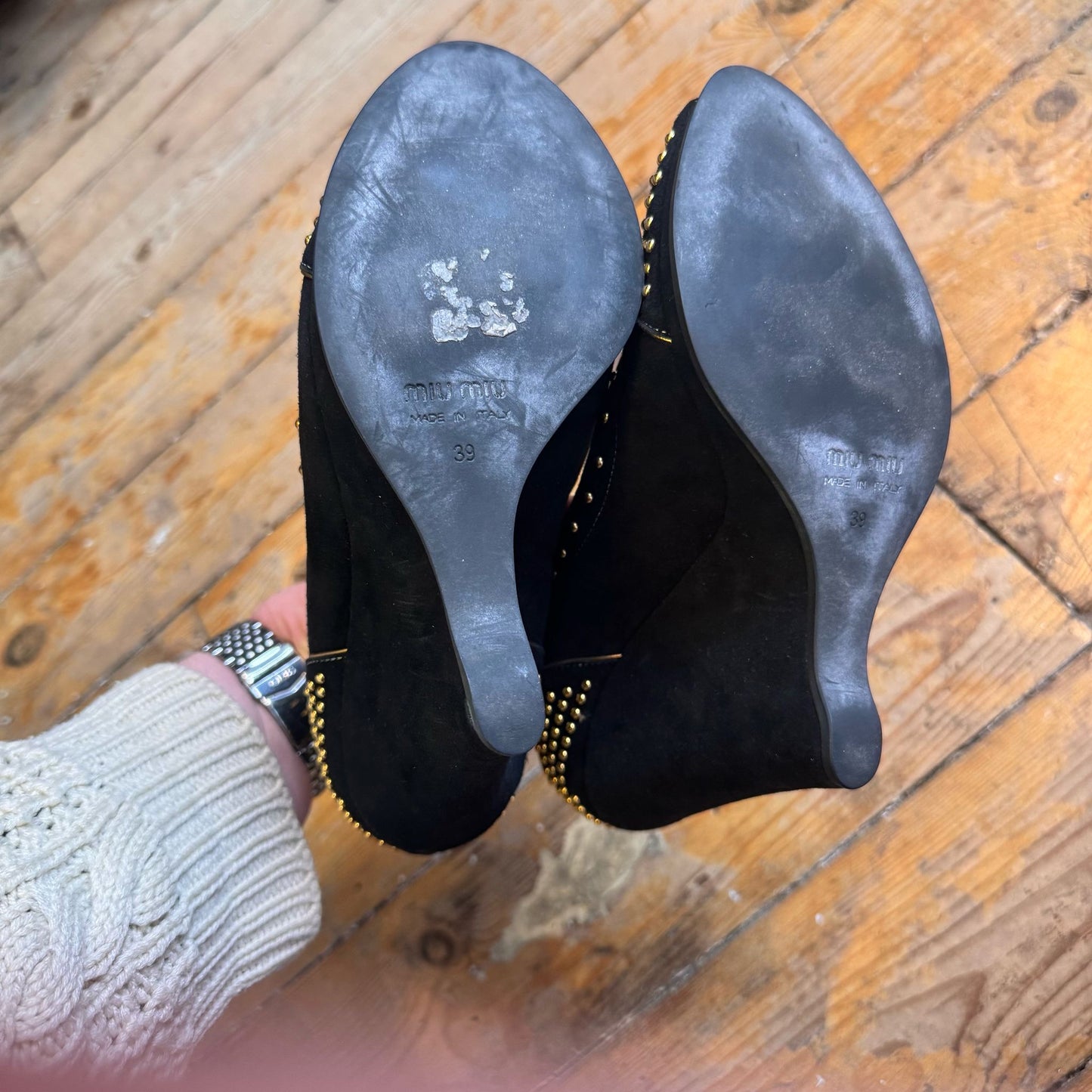 Miu Miu Black and Gold studded wedges UK 6