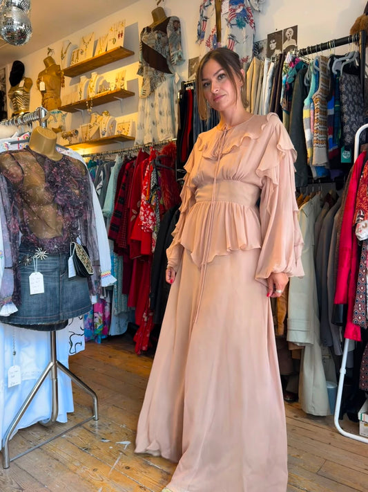 1970’s Gina Fratini Silk Chiffon Cascading Ruffle Gown - UK 10