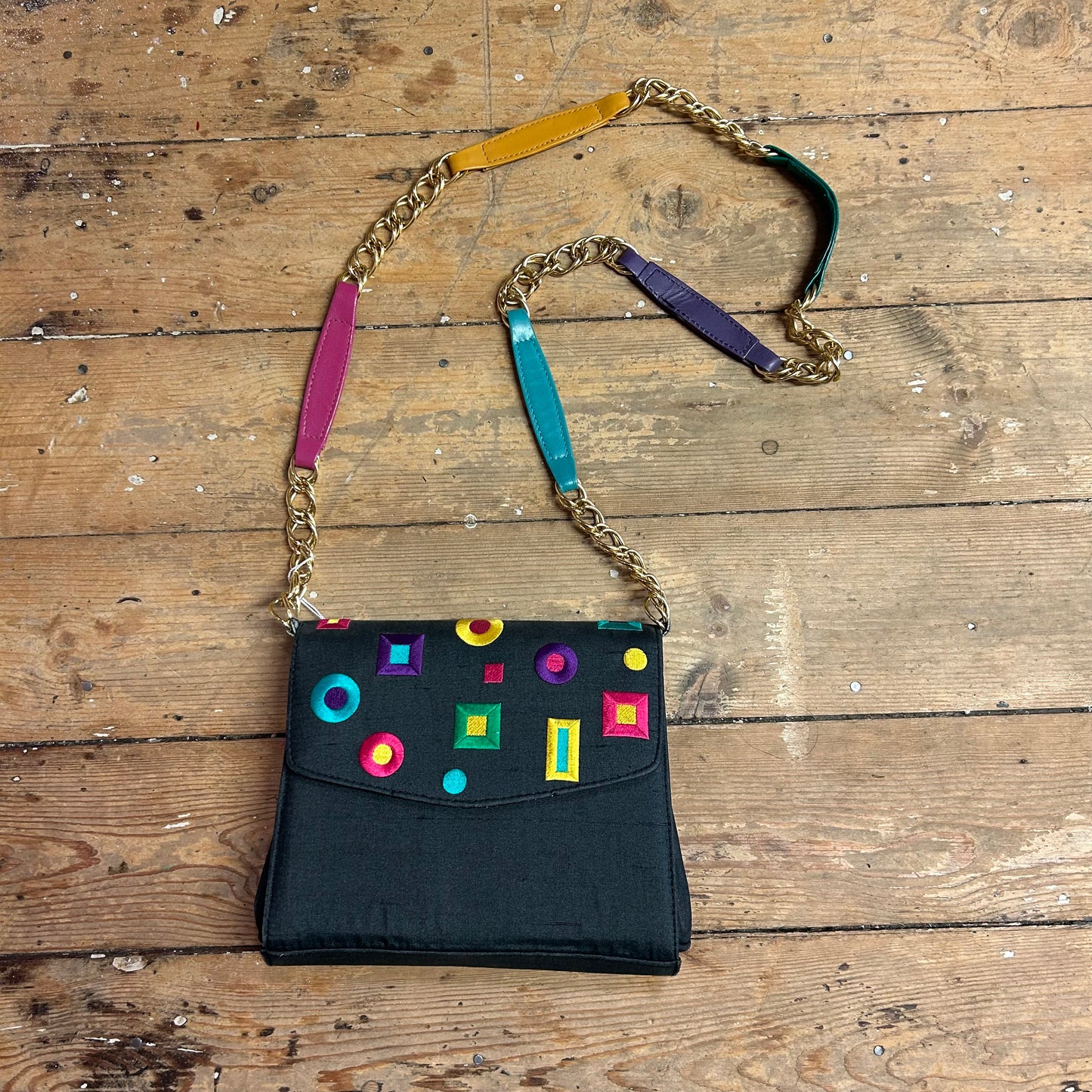 1980’s J.Renee Rainbow Leather & Embroidered Raw Silk Crossbody Bag