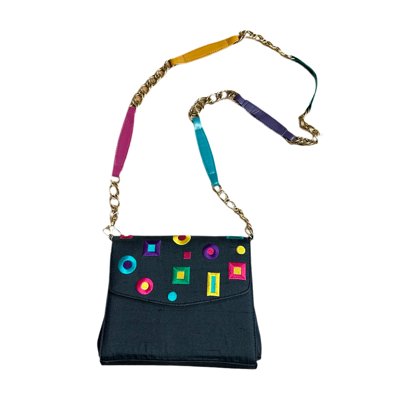 1980’s J.Renee Rainbow Leather & Embroidered Raw Silk Crossbody Bag