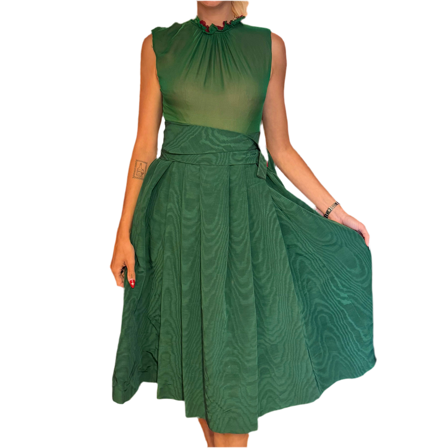 1940’s/ 1950’s Emerald Moiré Silk Full Skirt Dress UK 8