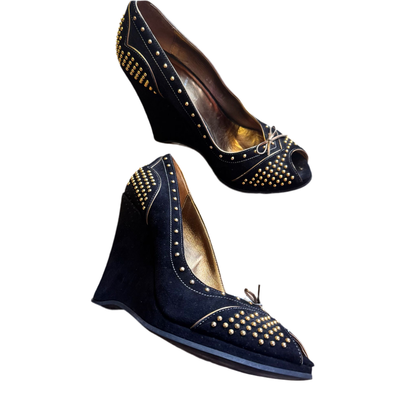 Miu Miu Black and Gold studded wedges UK 6