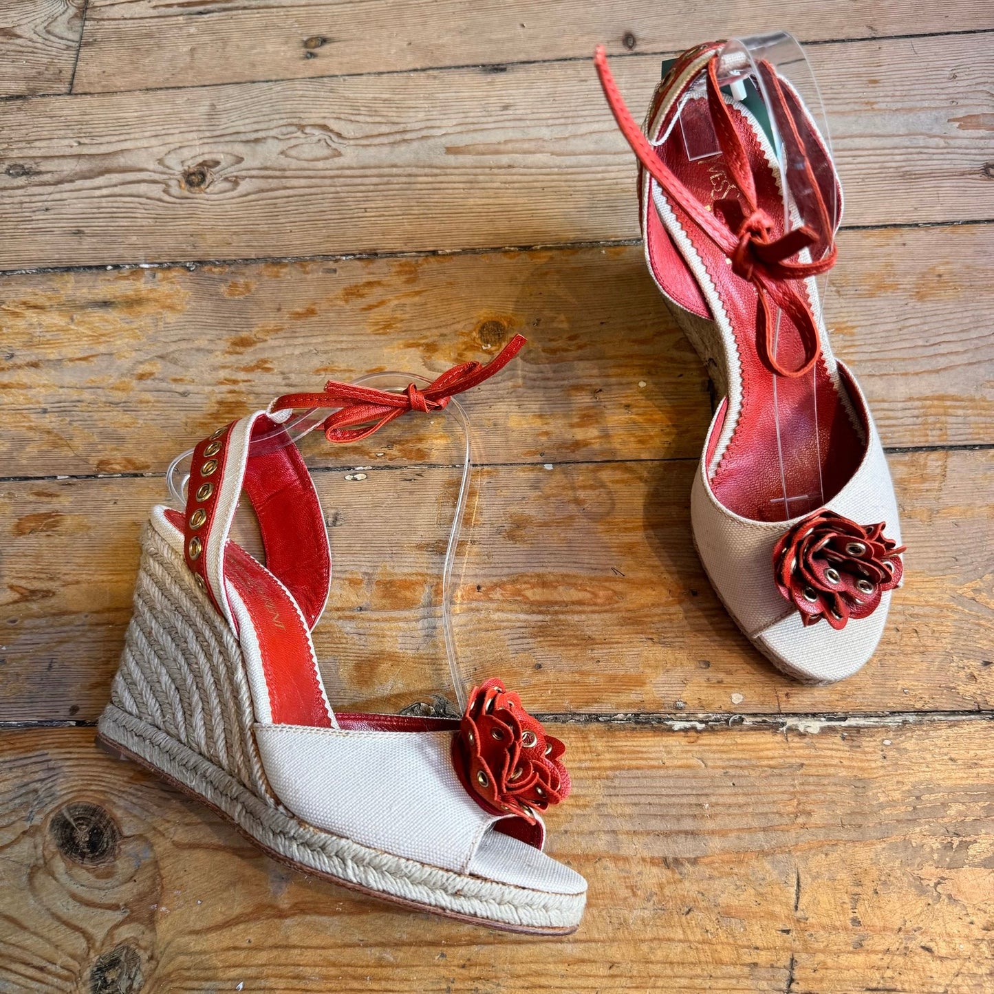 YSL Tom Ford Era Raffia Eyelet Wedges UK 6