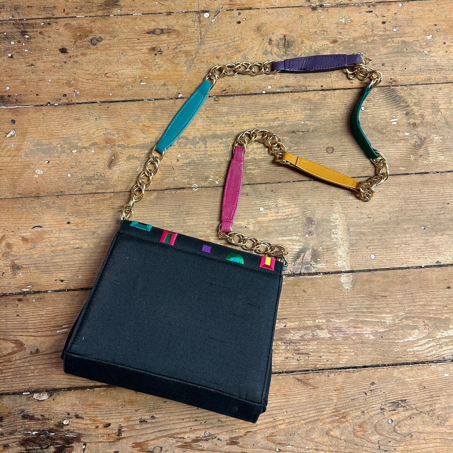 1980’s J.Renee Rainbow Leather & Embroidered Raw Silk Crossbody Bag