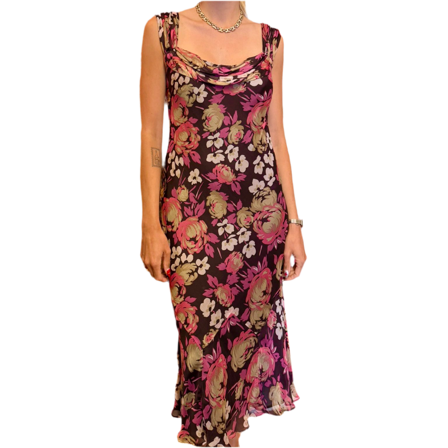 1990’s Cowl Neck Floral Silk Bias Cut Dress UK 12