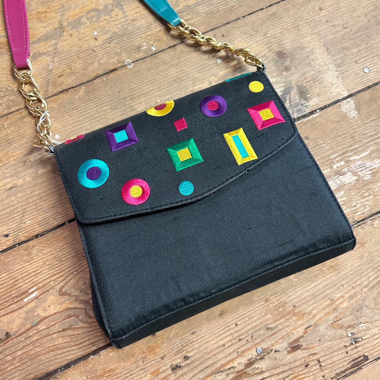 1980’s J.Renee Rainbow Leather & Embroidered Raw Silk Crossbody Bag