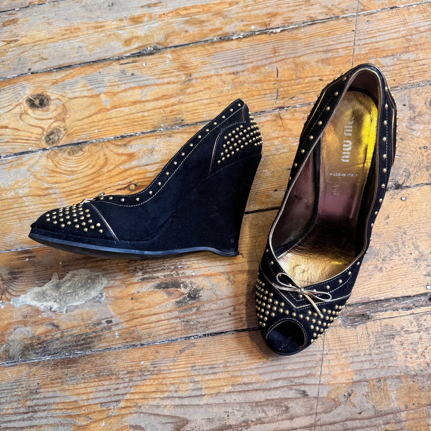 Miu Miu Black and Gold studded wedges UK 6