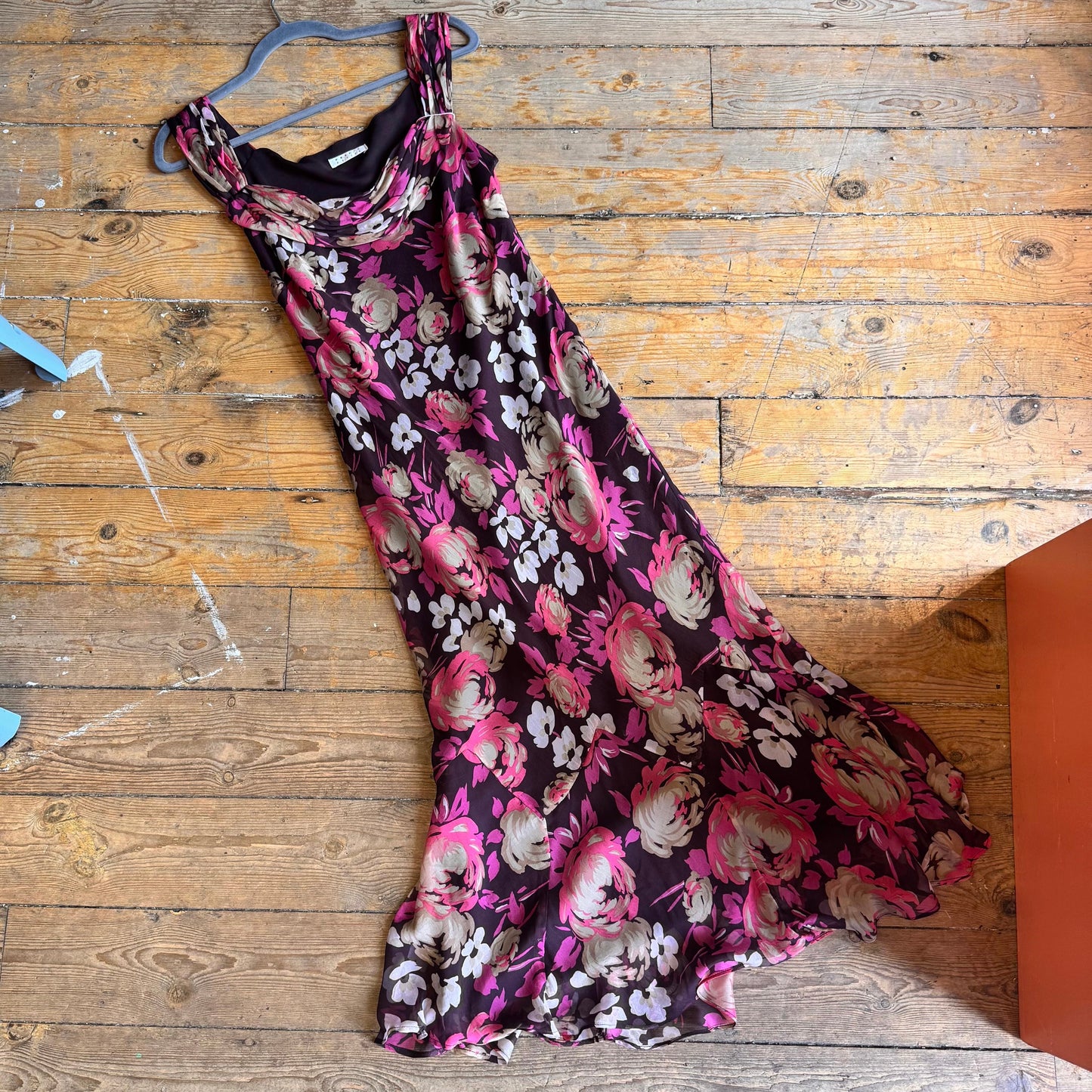 1990’s Cowl Neck Floral Silk Bias Cut Dress UK 12