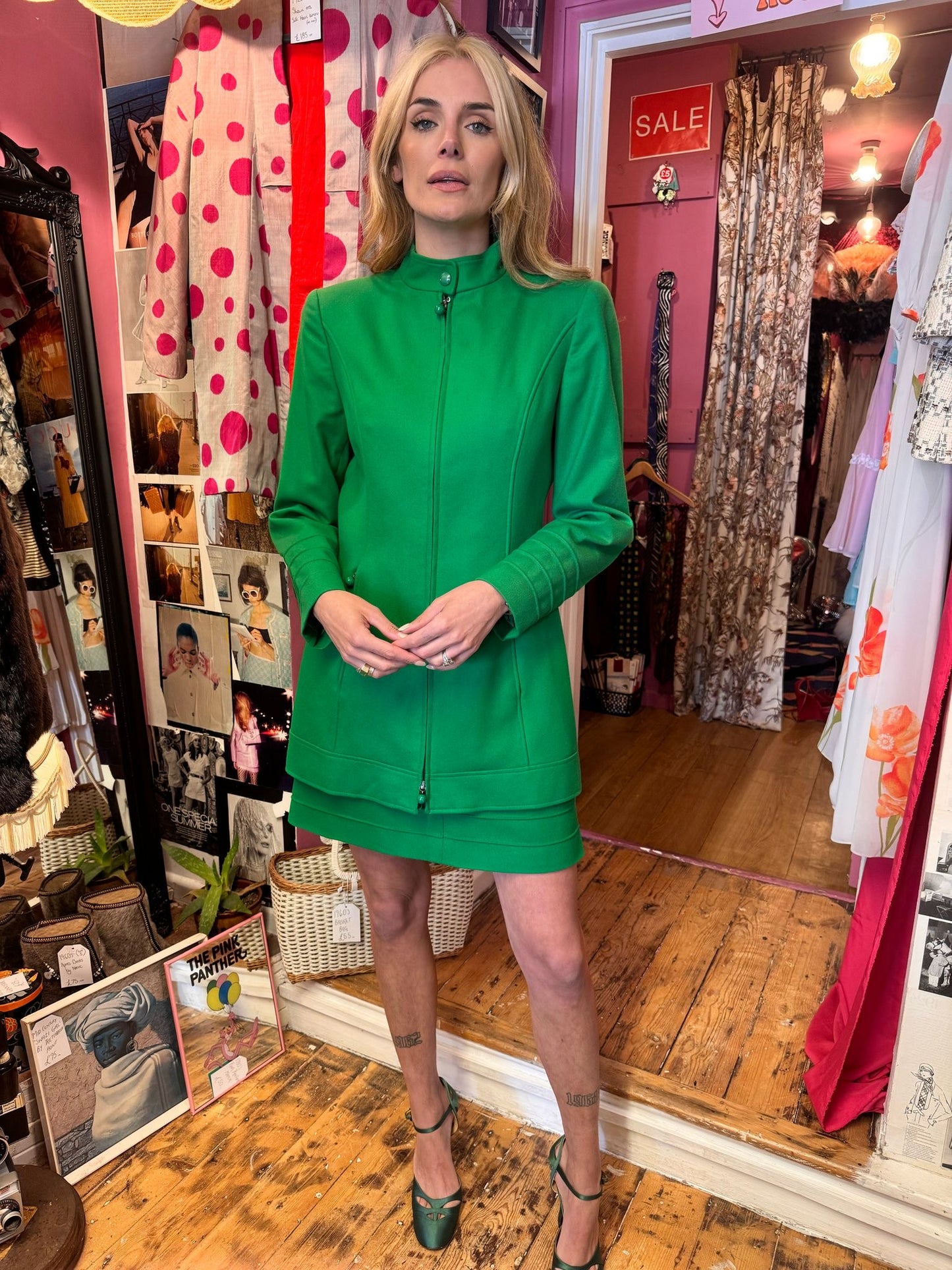 1980’s State of Claude Montana Electric Green Wool Skirt Suit UK 10-12