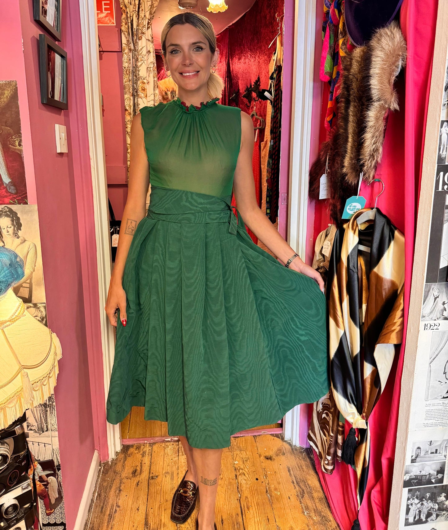 1940’s/ 1950’s Emerald Moiré Silk Full Skirt Dress UK 8