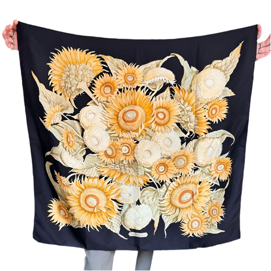1980’s Salvatore Ferragamo Sunflower Print Silk Scarf