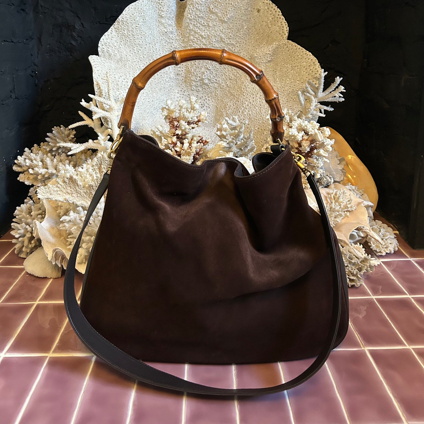 Vintage Gucci Bamboo Chocolate Suede Hobo Bag