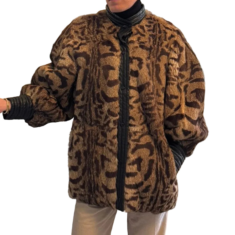 1980’s Leopard Print Dyed Rabbit Fur & Lambskin Coat One Size