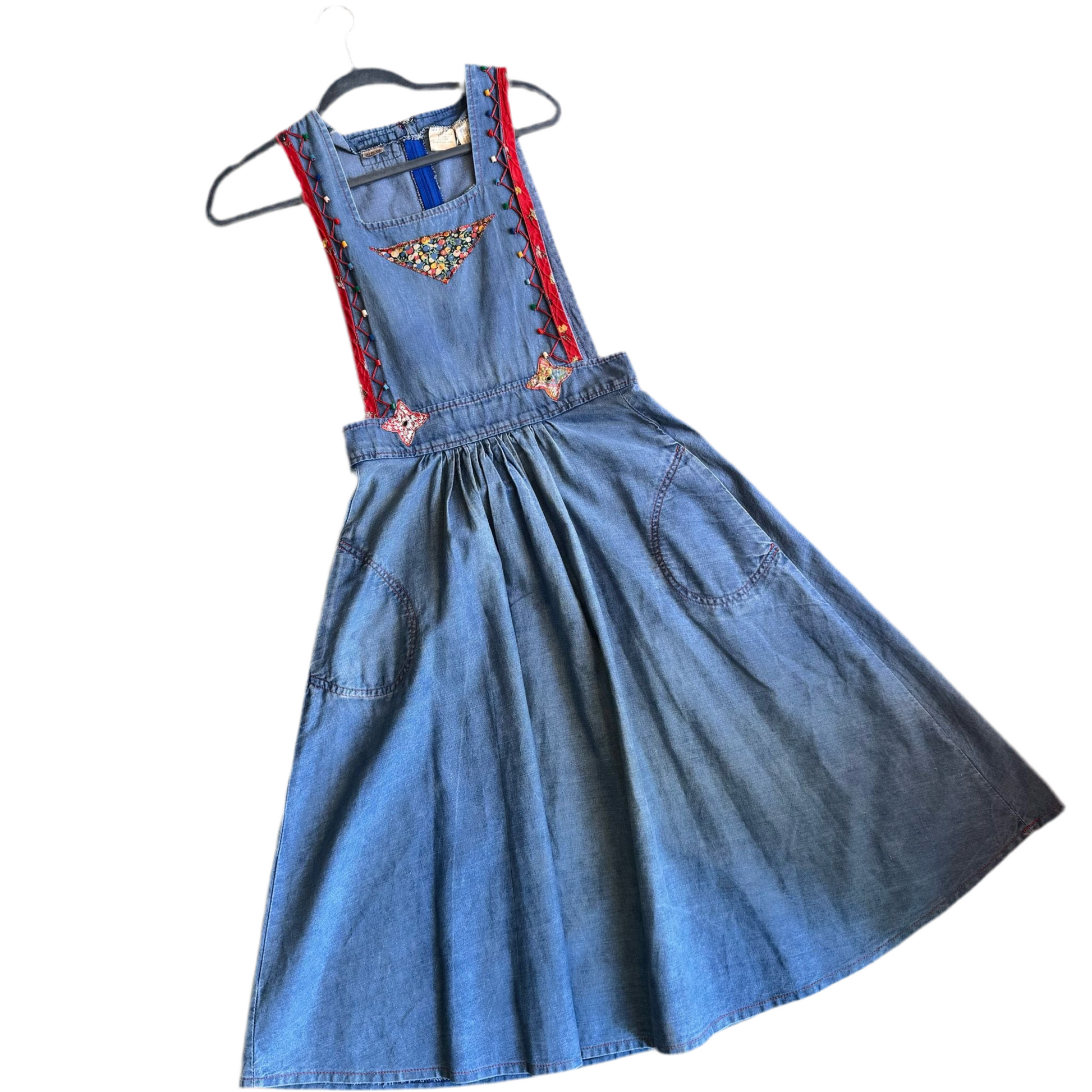 1970s Jump Jeans Embroidered Denim Pinafore Dress 1970s Jump Jeans Embroidered Denim Pinafore Dress