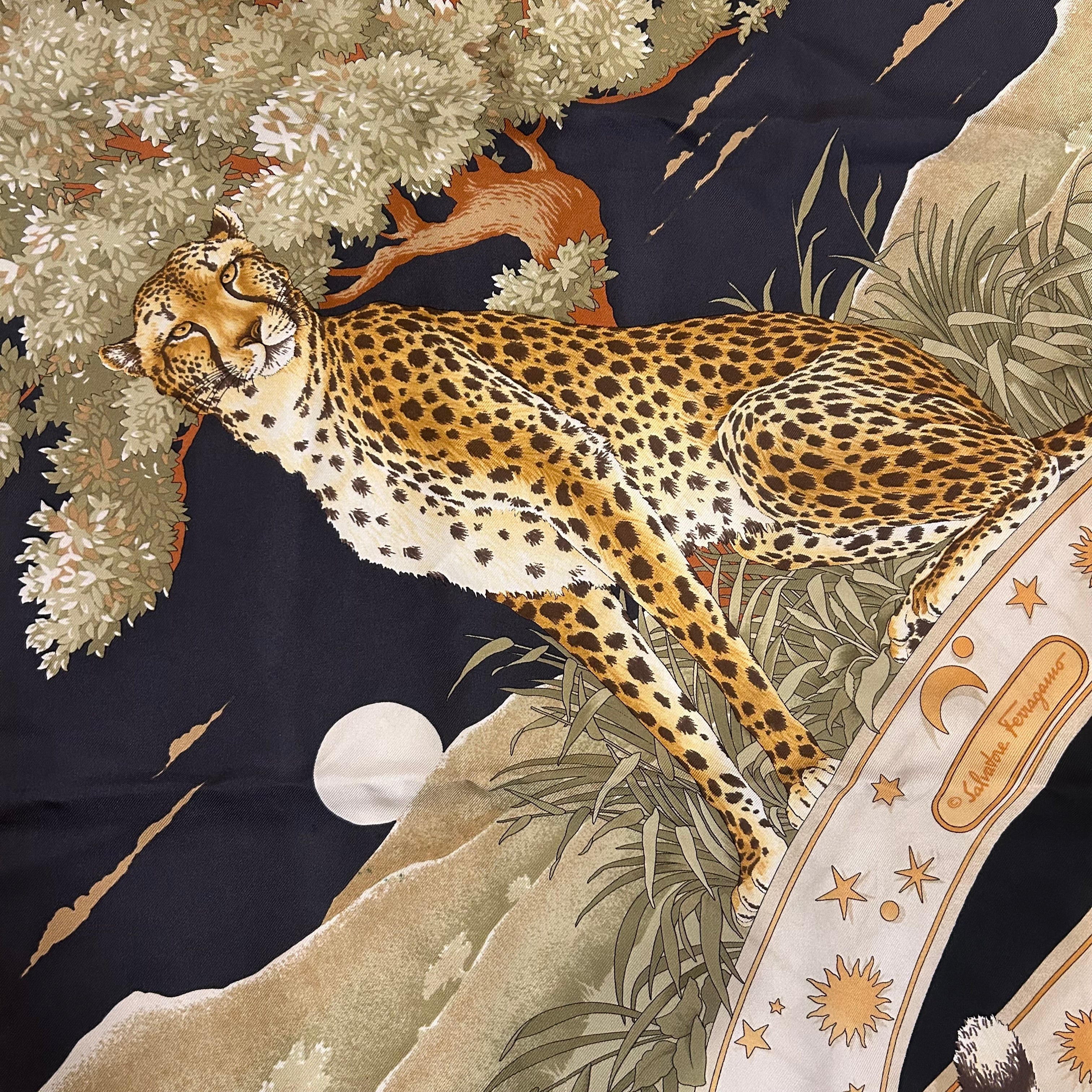 Salvatore Ferragamo レオパードスカーフ 1980's Salvatore Ferragamo Silk Day & Night Leopard Scarf – The