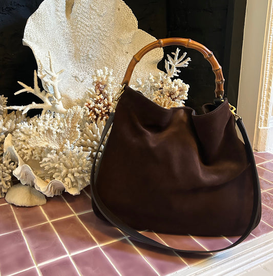 Vintage Gucci Bamboo Chocolate Suede Hobo Bag