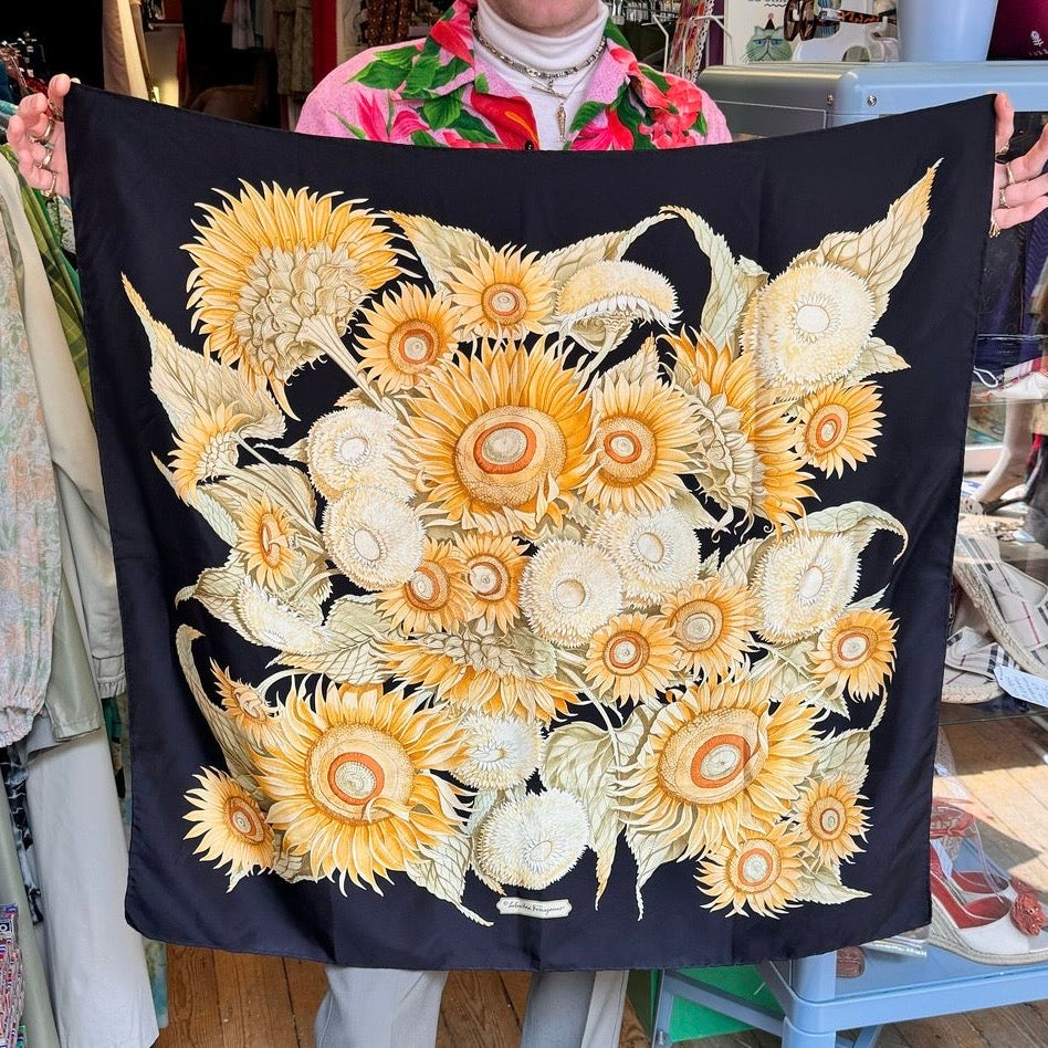1980’s Salvatore Ferragamo Sunflower Print Silk Scarf